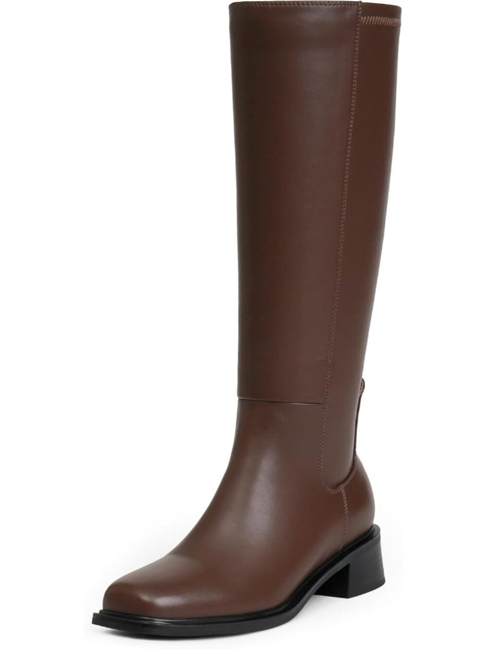Women's Light Brown Faux Leather Square Toe Stretch Knee High Chunky Heel Boots